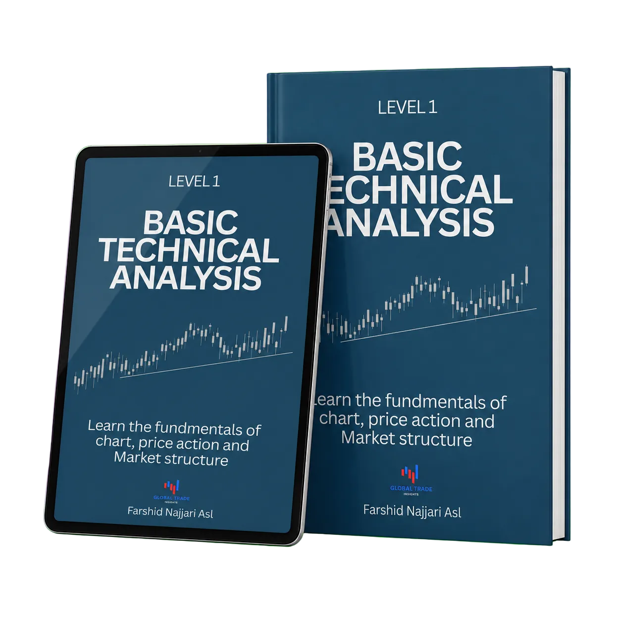A digital mockup showing a hardcover book and a tablet, both displaying the cover of a technical analysis course titled 'LEVEL 1 BASIC TECHNICAL ANALYSIS' by Farshid Najjari Asl, set against a solid bright green background.