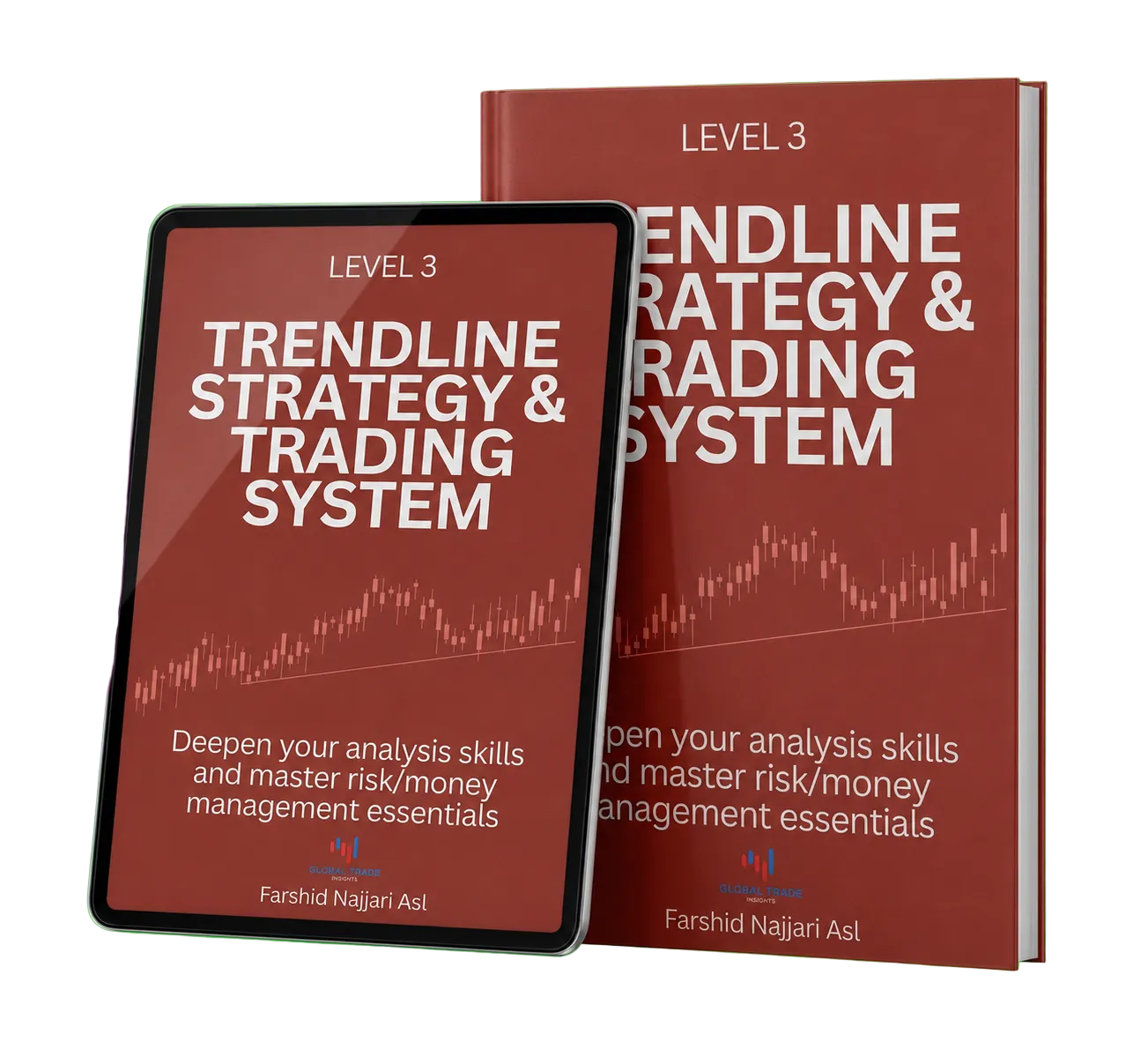 A digital product mockup showing a book cover and an e-reader tablet displaying the same cover for 'Trendline Strategy & Trading System' by Farshid Najari Asl, set against a solid bright green background.