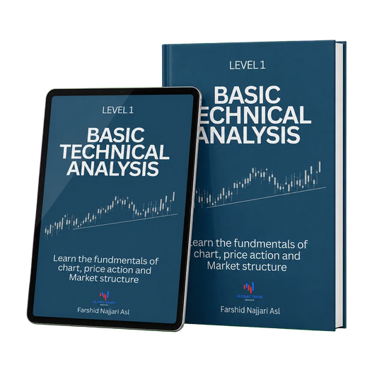 A digital mockup showing a hardcover book and a tablet, both displaying the cover of a technical analysis course titled 'LEVEL 1 BASIC TECHNICAL ANALYSIS' by Farshid Najjari Asl, set against a solid bright green background.